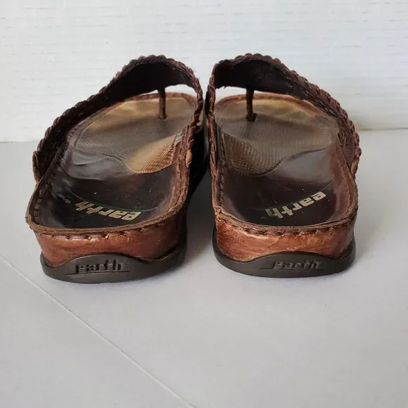 Earth Shoes Salsa Mahogany Leather Thong Sandals Boho Woven Slides Sz 6 Hippie - Picture 5 of 8